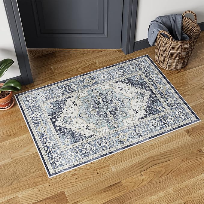 Dripex Vintage Collection Washable Area Rug - 2x3 Door Mat Small Entryway Rug Distressed Non-Slip Low-Pile Floor Carpet for Indoor Front Entrance Kitchen Bathroom Living Room Bedroom