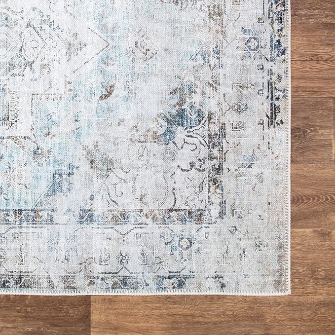 Bloom Rugs Washable Non-Slip 12 ft Runner - Beige/Blue Traditional Runner for Entryway, Hallway, Bathroom, and Kitchen - Exact Size: 2.5' x 12'