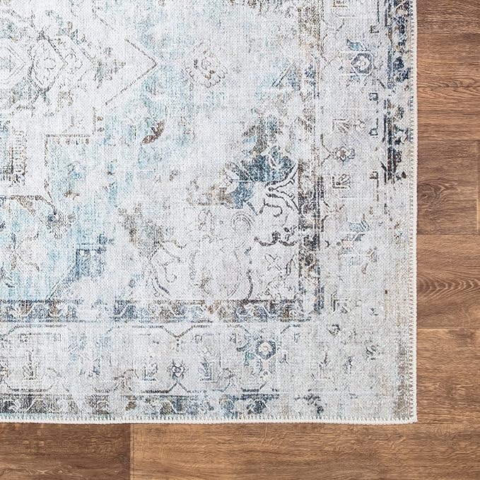 Bloom Rugs Washable Non-Slip 10 ft Runner - Beige/Blue Traditional Runner for Entryway, Hallway, Bathroom, and Kitchen - Exact Size: 2.5' x 10'