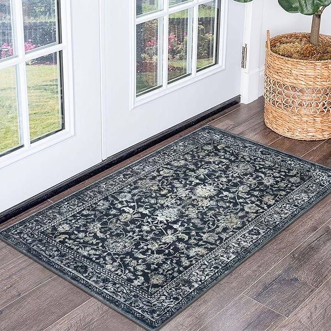 KILOCOCO Moroccan Small Area Rug 2x3 Entryway Rugs Printed Vintage Floral Washable Rug Non-Slip Kitchen Rug Indoor Door Mat, Accent Throw Small Rugs for Laundry Room Bedroom Entrance, Navy/Charcoal