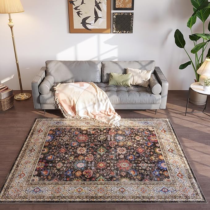 Area Rug 4x6 Rug Washable Boho Rugs Non Slip Low Pile Small Carpet for Bedroom, Bedside, Kids Room, Office, Dining Room (Dark Espresso)