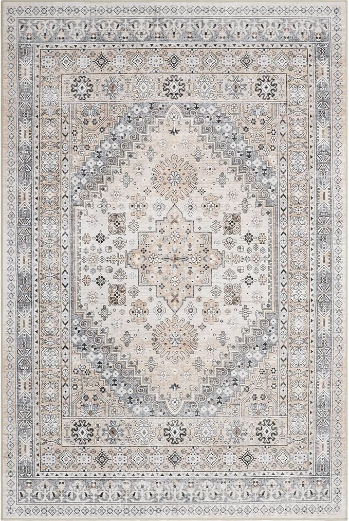 zesthome 4x6 Rug - Stain Resistant Washable Rug, Anti Slip Backing Rugs for Living Room, Foldable Vintage Small Area Rugs ((Beige,4'x6')