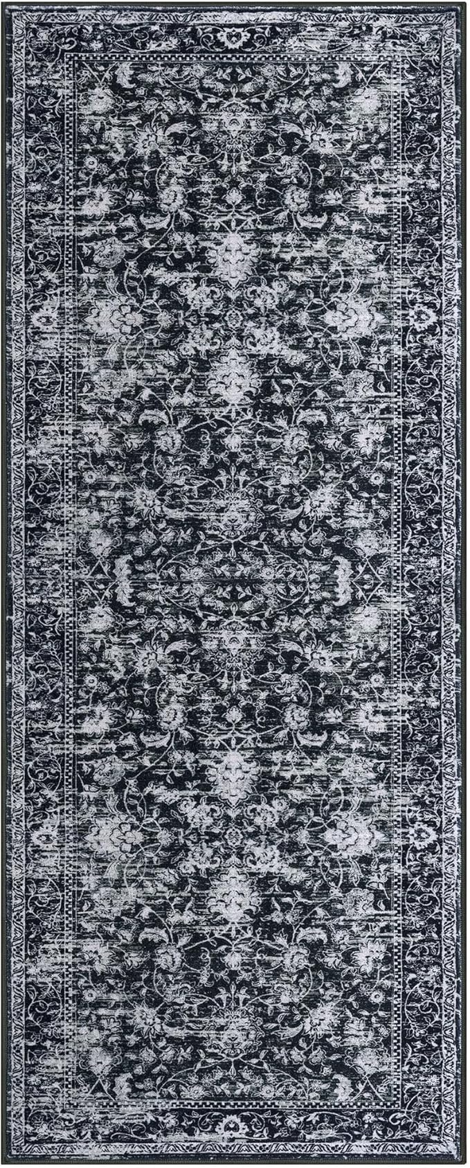 KILOCOCO Washable Runner 2x5 Rug Runner Printed Vintage Floral Kitchen Runners Non-Slip Rubber Backed Runners for Hallways Distressed Thin Soft Rugs for Entryway Laundry Room, Black/White