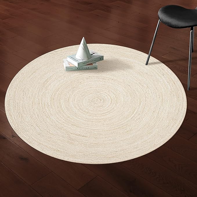 Hausattire Hand Woven Jute Braided Rug, 4’ Round – Off White, Reversible Boho Entry Area Rugs for Kitchen, Living Room I Farmhouse Decorative Floor Rug, 4 Feet Round
