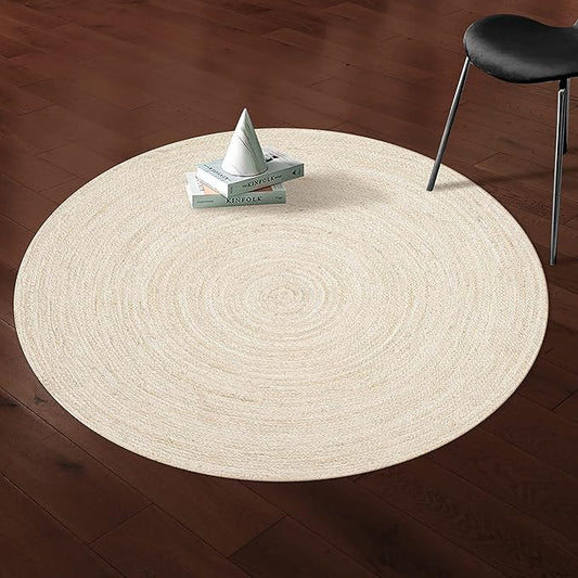 Hausattire Hand Woven Jute Braided Rug, 4’ Round – Off White, Reversible Boho Entry Area Rugs for Kitchen, Living Room I Farmhouse Decorative Floor Rug, 4 Feet Round