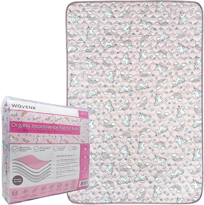 Organic Incontinence Pads for Kids & Toddlers - 5 Layer Waterproof Protectors for Overnight Bed Wetting - Reusable & Washable Pee Pads - Fits Twin to Full Size Beds - 34" x 52" Unicorn