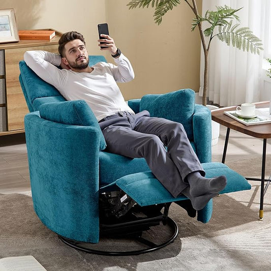 Recliner 360°Swivel Glider Rocking Chair Nursery Multifunction Living Room Bedroom Adult Rocking Chair with 2 Pillows(Blue, Manual Operation)