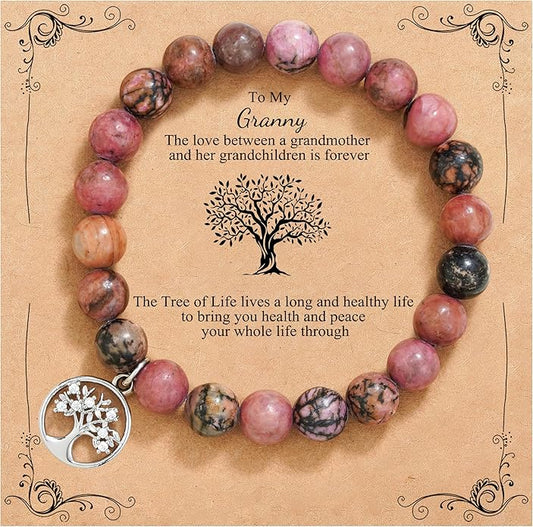 QWNHONEY Mothers Day Gift for Grandma Mom Mother in Law Sister in Law Bonus mom Granny Nana Valentine's Day Birthday Anniversary Pink Red Natural Stone Tree of Life Bracelet