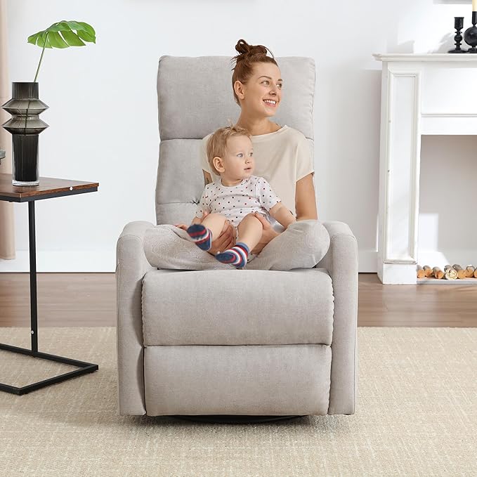 360° Swivel Rocking Chair for Nursery, Manual Glider Chair Nursing Chair with Side Pockets, Polyester Glider for Living Room, Heavy Duty Motion Mechanism, Light Gray