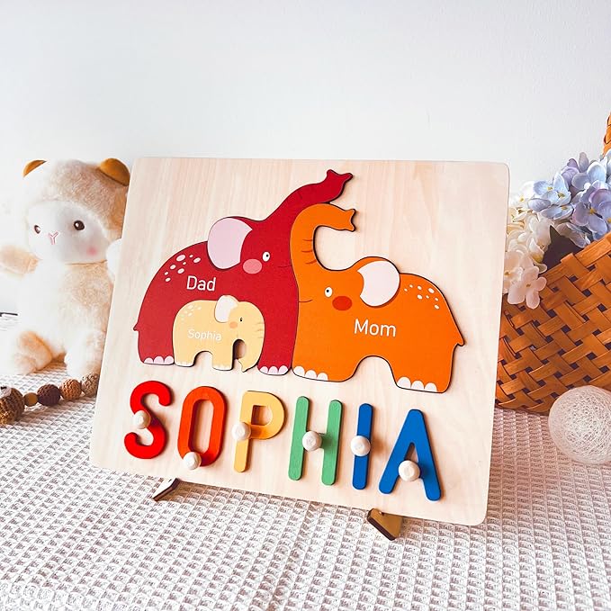 Name Puzzles for Toddlers 1-3, Personalized Name Puzzle with Elephant Family Wooden Puzzle for Toddlers 1-3, First Birthday Gifts for Boys Girls, Personalized Gifts for Mom Dad Kids, Baby Learning Toy