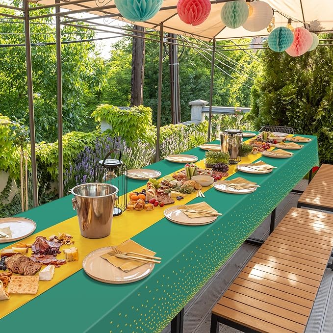 8Pack Disposable Plastic Party Tablecloths and Satin Table Runner Set Green and Gold Dot Table Cloth Gold Satin Table Runner for Wedding Birthday Baby Shower Anniversary Holiday Party Decorations