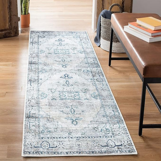 Bloom Rugs Washable Non-Slip 7 ft Runner - Teal/Beige Traditional Runner for Entryway, Hallway, Bathroom, and Kitchen - Exact Size: 2.5' x 7'