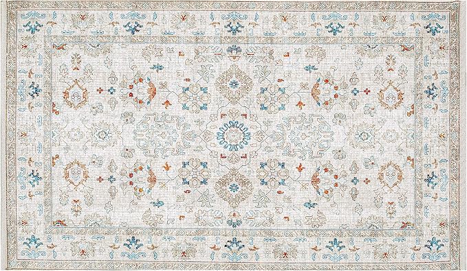 Washable Soft Small Boho Area Rugs, Rags Rug, Printed Carpet Chennile Rugs for Living Room 27x45 inch Cream Rust Multi,Machine Washable Printed Rugs - 30% Cotton, 70% Polyester