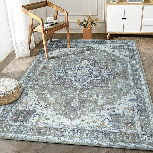 Bloom Rugs Washable Non-Slip 3' x 5' Rug - Green/Blue Traditional Medallion Area Rug for Living Room, Bedroom, Dining Room, and Kitchen - Exact Size: 3' x 5'