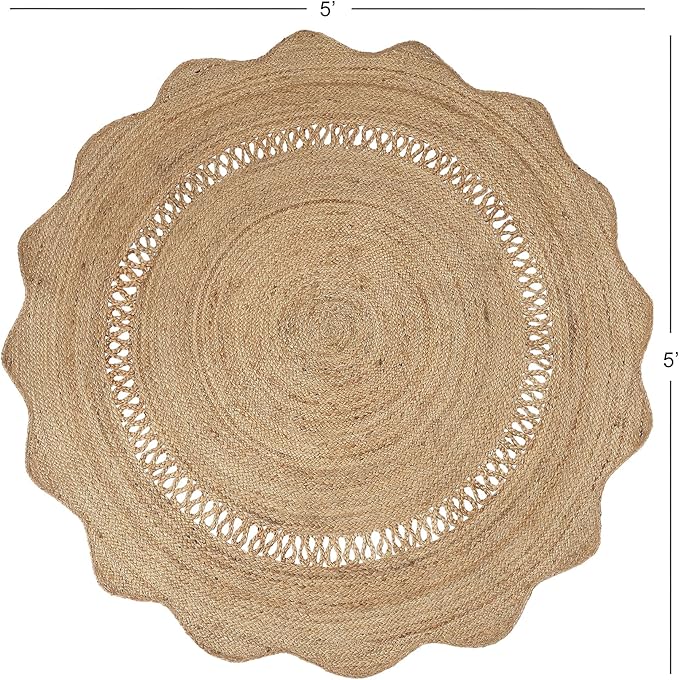 REDEARTH · Round Area Rug - 5 Feet Braided Scalloped Desert Wave Natural Jute Rug- Artisan Made Boho Jute Patterned Rugs for Bedroom, Kitchen, Living Room, Farmhouse, Handmade Vintage Decor
