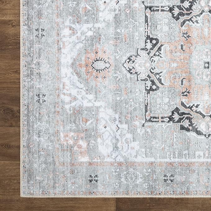 Bloom Rugs Washable Non-Slip 7 ft Runner - Gray/Coral Pink Traditional Runner for Entryway, Hallway, Bathroom, and Kitchen - Exact Size: 2.5' x 7'