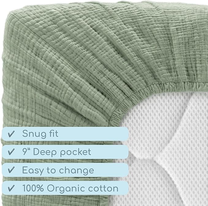 Muslin Crib Sheets, 100% Organic Cotton, Breathable and Ultra-Soft, Standard Crib Sheet Mattress (28"x 52") for Girls and Boys, Neutral Fitted Baby Crib Sheet (Sage Green)