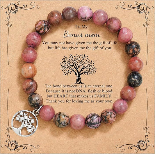 QWNHONEY Mothers Day Gift for Grandma Mom Mother in Law Sister in Law Bonus mom Granny Nana Valentine's Day Birthday Anniversary Pink Red Natural Stone Tree of Life Bracelet