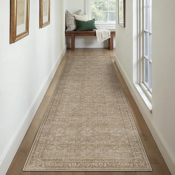 3x7 Light Brown Area Rug Runners for Hallways Washable Vintage Distressed Carpet Low Pile Non Slip Indoor Retro Soft Long Accent Rug Bedroom Kitchen Bathroom Laundry Dining Living Room