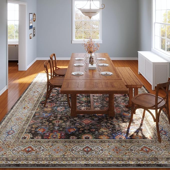 Living Room Rug 6x9 Rug Machine Washable Boho Area Rug Non Slip Vintage Low Pile Large Rug for Living Room, Bedroom, Farmhouse, Dining Room, Kids Playroom (Dark Espresso)