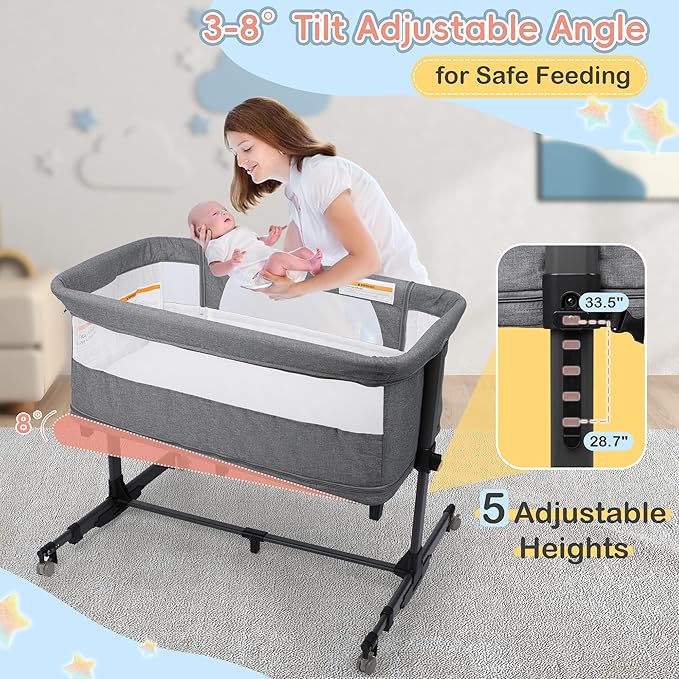 Xilingol 5 in 1 Baby Bassinet Bedside Sleeper, Portable Pack and Play with Carrying Bag, Playpen and Rocking Cradle, Easy Folding Crib for Newborn Baby, Grey