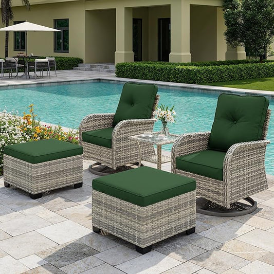 5-Piece Small Patio Furniture Set, Outdoor Swivel Rocking Chairs Set with Ottomans, Patio Bistro Set for Balcony, Deck, Porch, Dark Green