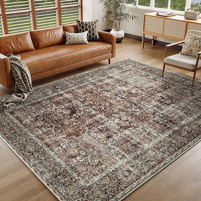 Vintage Area Rug 5x7 Rust Red Washable Living Room Large Carpet Non Slip Bedroom Indoor Office Low Pile Traditional Distressed Retro Accent Rug for Dining Room Bathroom Kitchen