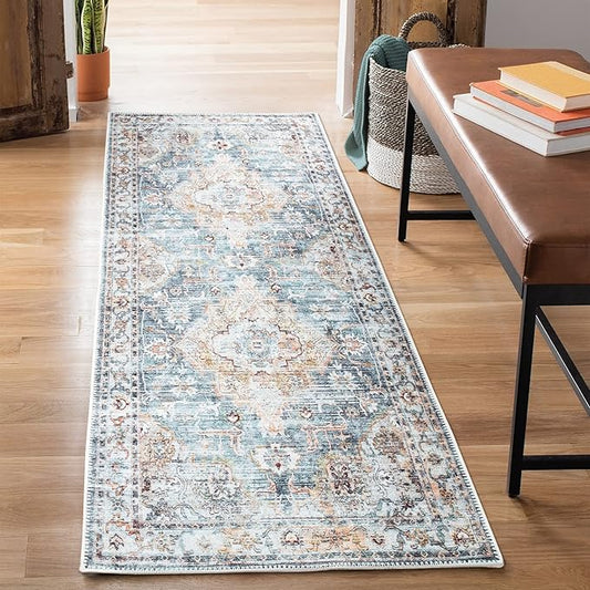 Bloom Rugs Washable Non-Slip 7 ft Runner - Teal/Peach Traditional Runner for Entryway, Hallway, Bathroom, and Kitchen - Exact Size: 2.5' x 7'