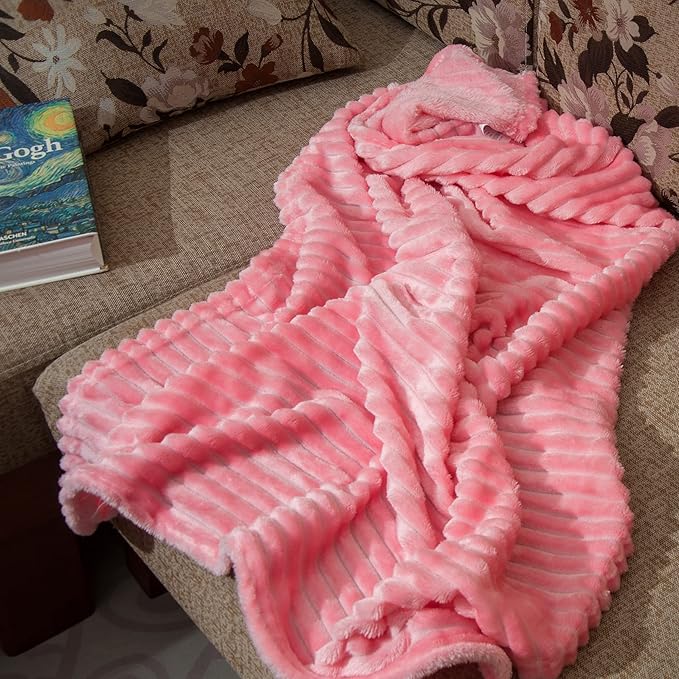 NTBAY Plush Flannel Oversized Baby Blanket, 50X60 Inches Soft and Warm Toddler Blanket with Striped Texture Nursery Bed Blanket for Stroller, Crib, Travel, Baby Gift, 50"x60", Pink