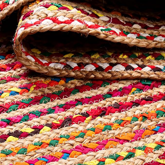 Hausattire Bohemian Braided Runner Rug 2'x6' - Multi Color, Long Farmhouse Jute Cotton Area Rag Rugs for Hallway, Kids Bedroom, Kitchen | Colorful Hand Woven Reversible Floor Carpet - 24x72 Inch