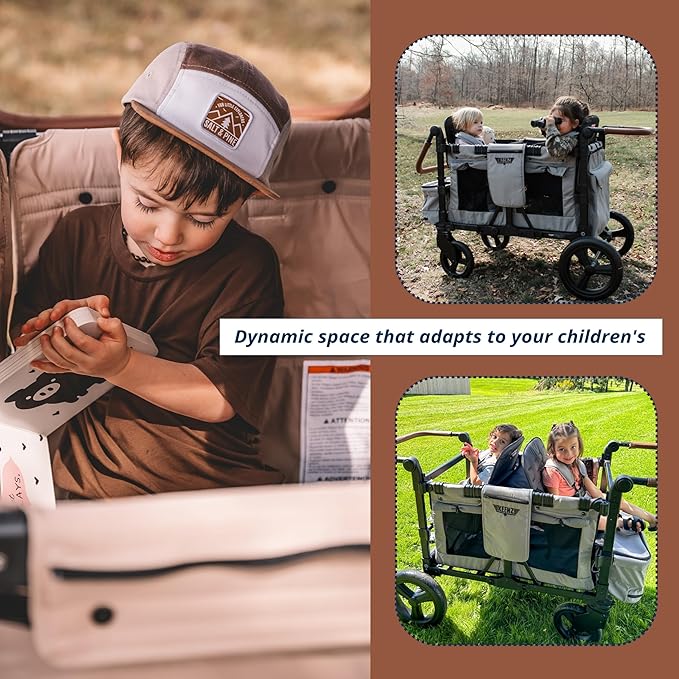 Keenz VYOO Stroller Wagon with Canopy - Foldable Design for Easy Storage, 5 Seating Positions for Kids, Enhanced Child Safety, All-Terrain Mobility, 2-Passengers, Mocha