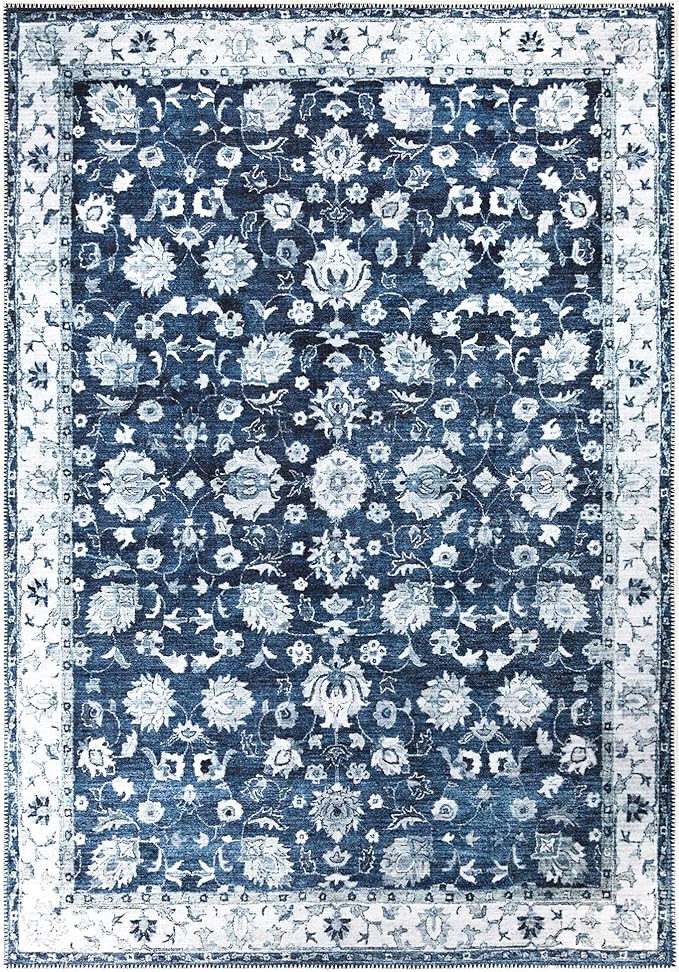 Bloom Rugs Washable Non-Slip 3' x 5' Rug - Dark Blue Traditional Bordered Area Rug for Living Room, Bedroom, Dining Room, and Kitchen - Exact Size: 3' x 5'