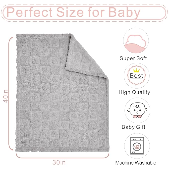 Yurhap Fleece Baby Blanket Heart Checkered, Ultra Soft Cozy Baby Blankets for Boys Girls, Fluffy Infant Toddler Newborn Receiving Gifts for Crib Stroller 30"x40" (Silver Grey)