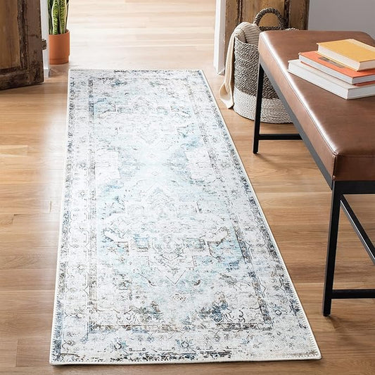 Bloom Rugs Washable Non-Slip 10 ft Runner - Beige/Blue Traditional Runner for Entryway, Hallway, Bathroom, and Kitchen - Exact Size: 2.5' x 10'