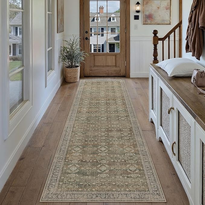 3x8 Brown Area Rug Runners for Hallways Washable Vintage Distressed Carpet Low Pile Non Slip Indoor Retro Soft Long Accent Rug Bedroom Kitchen Bathroom Laundry Dining Living Room