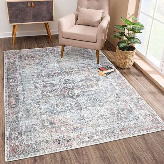 Bloom Rugs Washable Non-Slip 6' x 9' Rug - Light Pink/Light Blue Traditional Medallion Area Rug for Living Room, Bedroom, Dining Room, and Kitchen - Exact Size: 6' x 9'