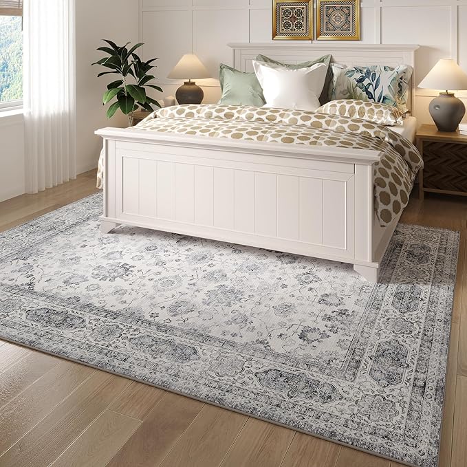 Area Rugs 8x10 Rug for Living Room Washable Boho Area Rug Non Slip Soft Vintage Low Pile Large Rug for Living Room, Bedroom, Farmhouse, Dining Room, Kids Playroom(Grey and White)