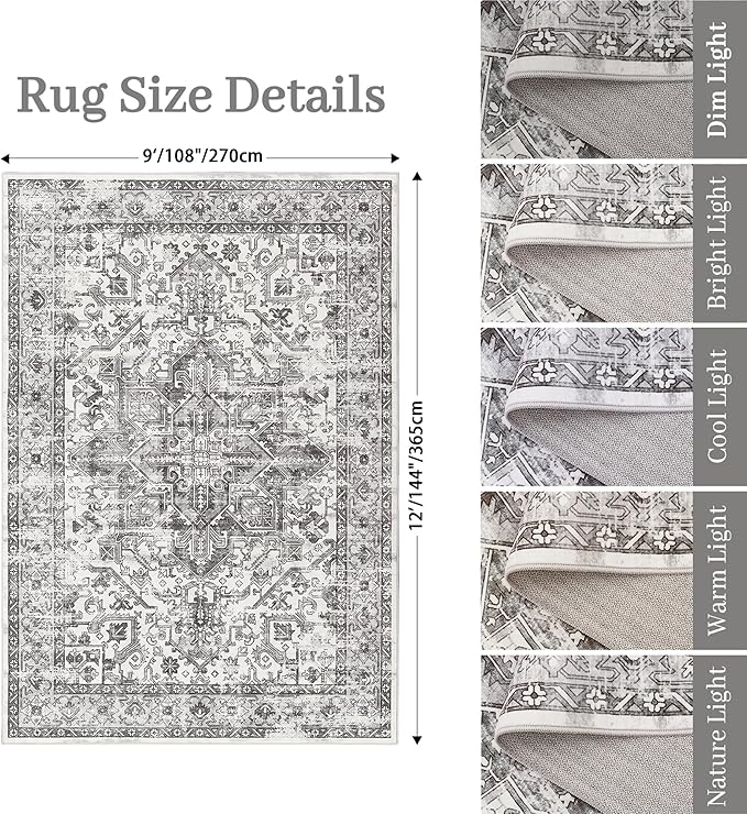 zesthome 9x12 Area Rugs,Stain Resistant Washable Rug,Ultra-Thin Rugs for Living Room,Bedroom,Non-Slip Backing Home Decor Large Area Rug (Grey/White,9'x12')