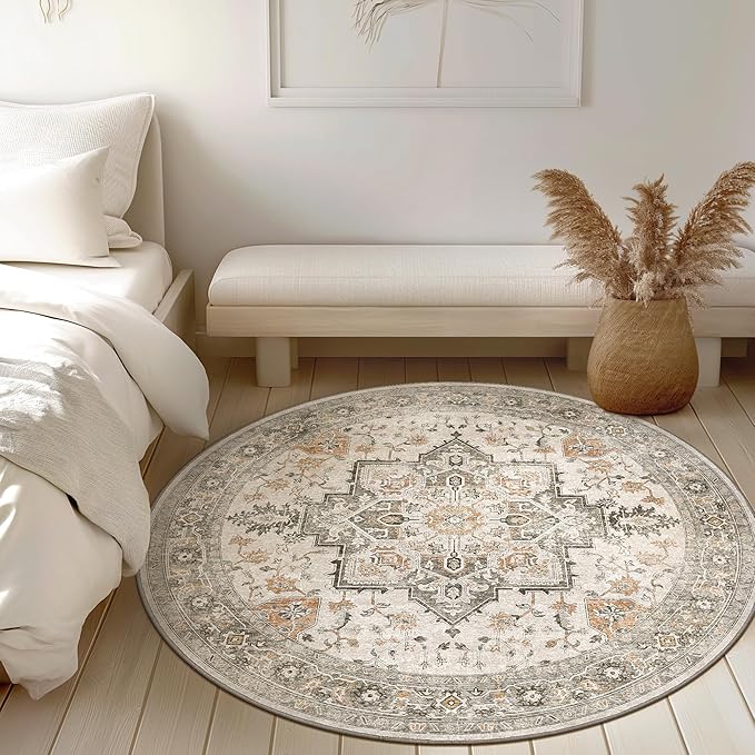 GENIMO 4FT Round Area Rugs for Living Room, Circle Rugs Machine Washable Low Pile, Chenille Non Slip Vintage Rug for Bedroom, Dining Room, Home Office, Light Taupe Brown