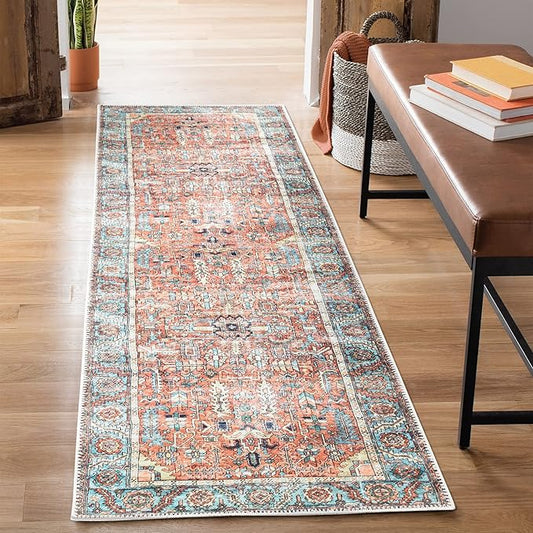 Bloom Rugs Washable Non-Slip 7 ft Runner - Orange/Blue Traditional Runner for Entryway, Hallway, Bathroom, and Kitchen - Exact Size: 2.5' x 7'