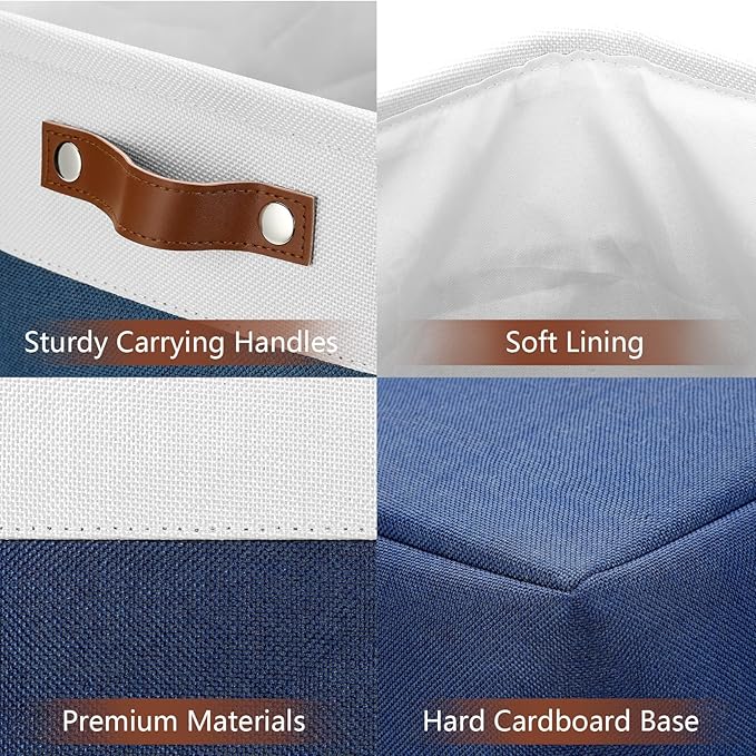 DULLEMELO Extra Large Storage Baskets, Fabric Storage Bins for Organizing Shelves Nursery Toys Books, Closet Baskets and Bins with Handles, White&Blue, 2-Pack