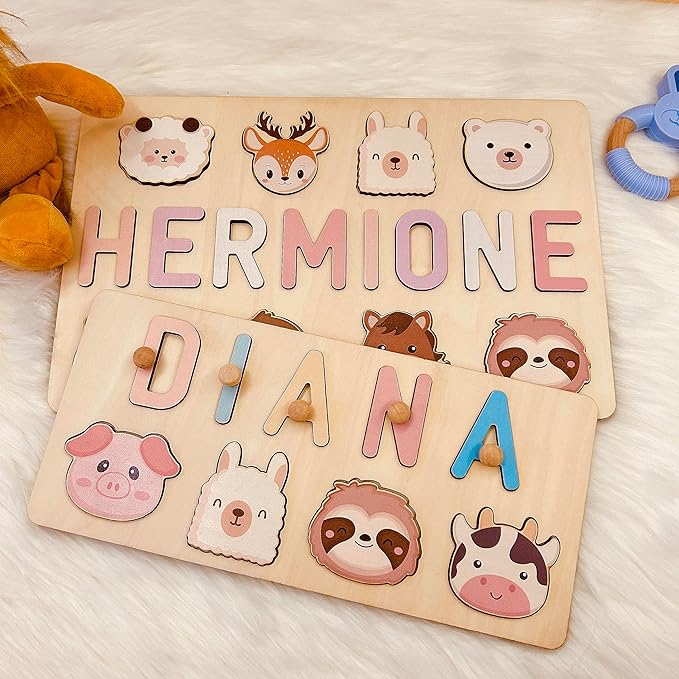 Personalized Name Puzzle for Kids, Custom Wooden Name Puzzle for Toddlers 1-3, Personalized Baby 1st Birthday Gifts, Alphabet Puzzle Engraved Text On Back with Pegs, Easter Basket Stuffers
