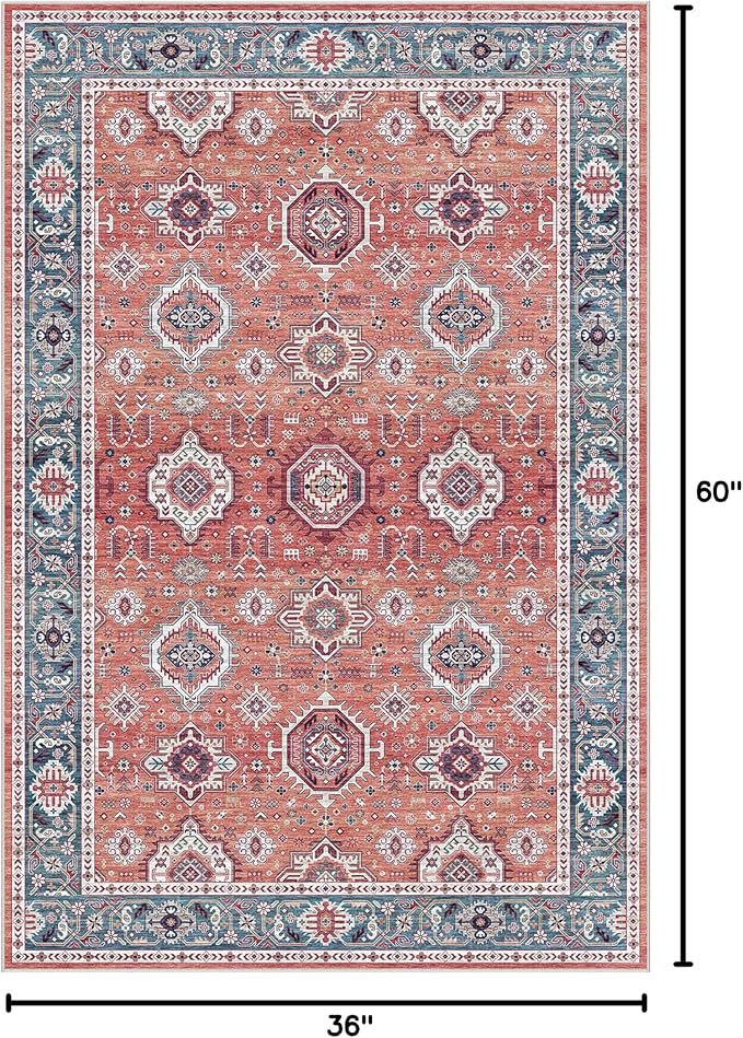 Dripex Vintage Washable Area Rug - 3x5 Entryway Rug for Indoor Door Mat Low-Pile Non-Slip Bedroom Oriental Medallion Floral Print Carpet Soft Accent Rug Farmhouse Office Home Decor