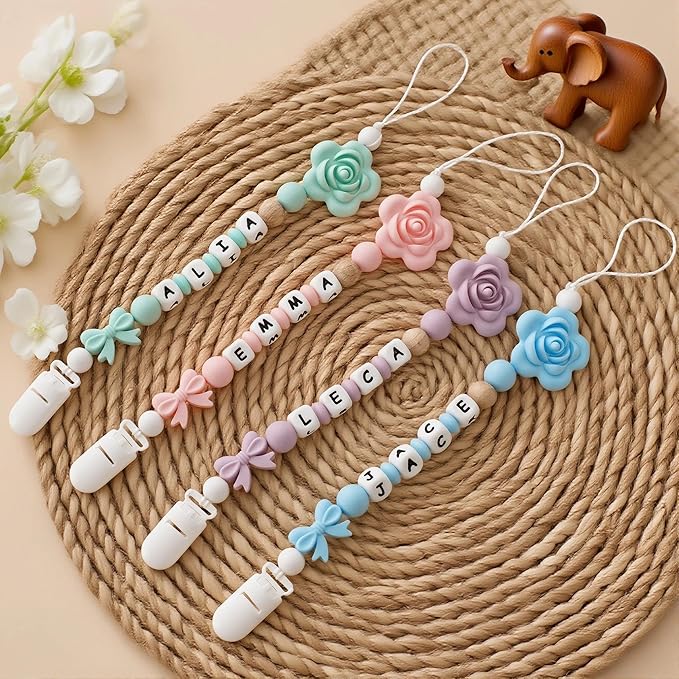 Personalize Name Pacifier Clips,Custom Baby Pacifier Holder Leash with Silicone Beads,Newborn Gift for Boy or Girl