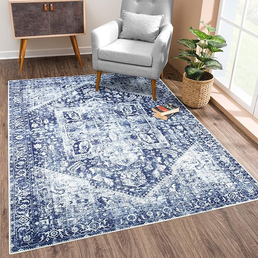 Bloom Rugs Washable Non-Slip 6' x 9' Rug - Blue/Ivory Traditional Area Rug for Living Room, Bedroom, Dining Room, and Kitchen - Exact Size: 6' x 9'
