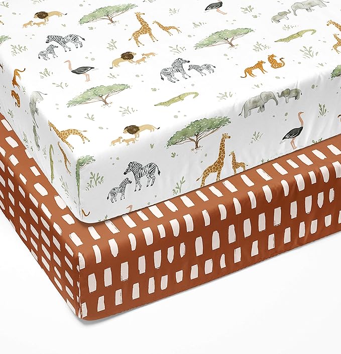 Crib Sheets Neutral - Fitted Baby Crib Sheets Bed for Girl Boy - 2 Pack Standard & Toddler Mattress (Safari Adventure) - Buttery Soft Organic Cotton Blend