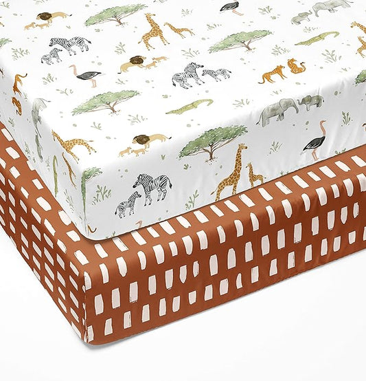 Crib Sheets Neutral - Fitted Baby Crib Sheets Bed for Girl Boy - 2 Pack Standard & Toddler Mattress (Safari Adventure) - Buttery Soft Organic Cotton Blend