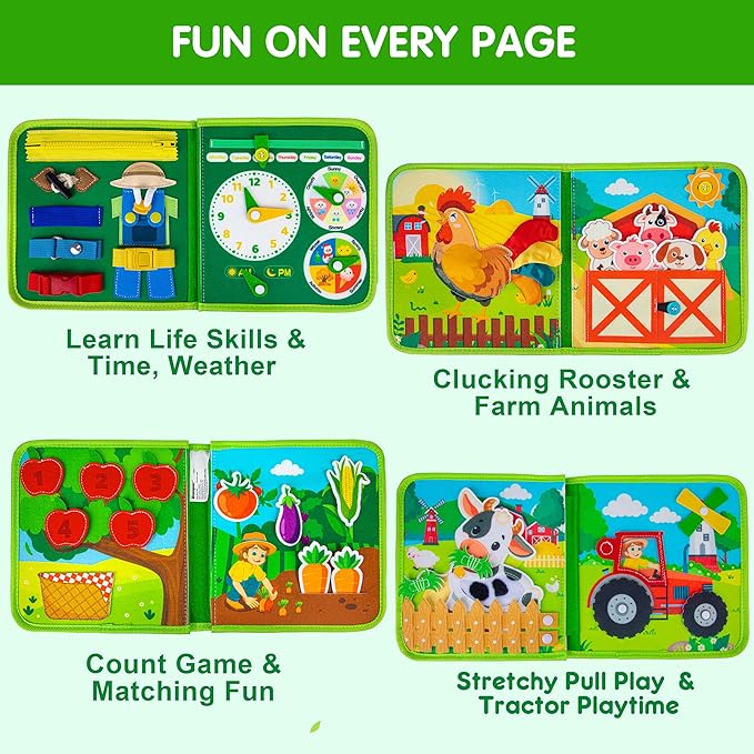 Quanquer Montessori Busy Books for Toddlers 1-3 – Farm Animal Sensory Busy Board for 1 Year Old Boys and Girls, Educational Travel Toy for Airplane Activities, Fine Motor Skill Birthday Gift