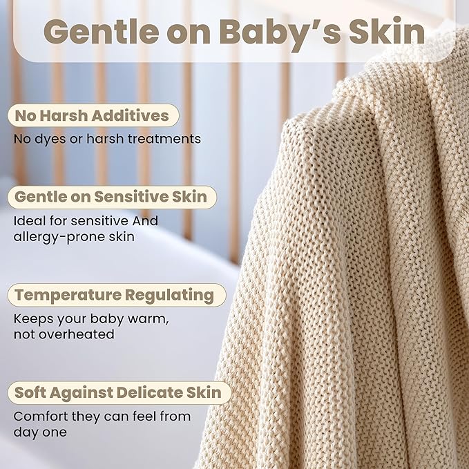 100% Organic Cotton Baby Knitted Blanket with Gift Box - Soft Toddler, Crib, Stroller Blanket - Neutral Swaddle and Receiving Blanket for Newborns, 30"x40", Color Earth Ivory