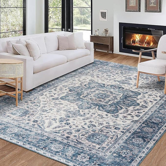 ReaLife Rugs Machine Washable Area Rug - Living Room Bedroom Bathroom Kitchen Entryway Office - Padded Low Pile Stain Resistant Premium - Boho Farmhouse Vintage - Joy - Blue Ivory 5' x 7'